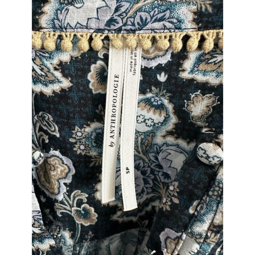 Anthropologie Floral Cotton Peasant Blouse Small Blue/Green - Picture 6 of 9